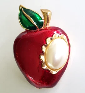 Vintage Apple Red Green Enamel Faux Pearl Gold Tone Pin 2-1/16" - Picture 1 of 4