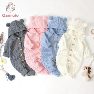 Newborn Baby Boy Girls Bear Ear Knit Romper Hooded Wool Jumpsuit Sweater Outfits - Picture 1 of 10