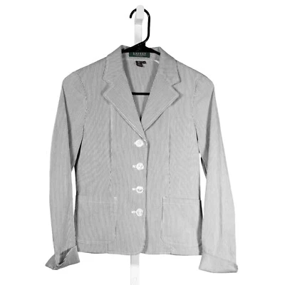 Chaqueta Blazer Ralph Lauren Gris Blanco Rayas Elastizada Carrera Trabajo Pequeña Talla PP Foto 1 de 4