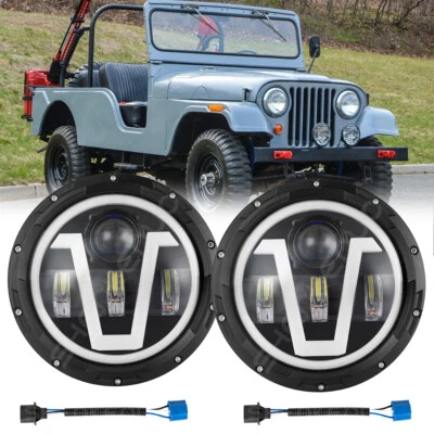 Pair 7" Inch Round LED Headlights Halo Angle Eyes For Jeep CJ6 1959-1975 - Image 1 of 4