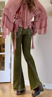 Vintage True Religion Joey Big T Pants Women Olive Bootcut Knit Fleece Y2K 27/30 - Image 1 of 4