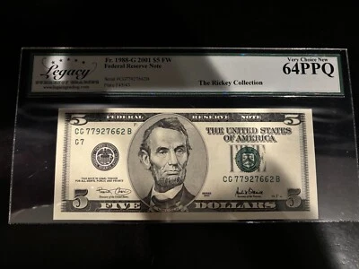 DBR 2001 $5 FRN Chicago Fr. 1988-G Legacy 64 PPQ Serial CG77927662B - Image 1 of 2