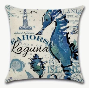 Vintage Seahorse Beach Nautical Coastal Ocean Reef Throw Pillow Cover Home Decor - Picture 1 of 6
