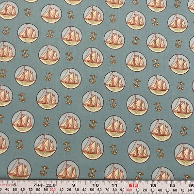 Nautical Anchors Clipper Ships Concord Fabrics Blue Cotton by the HALF YARD - Image 1 of 2
