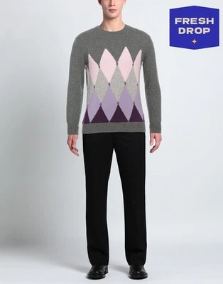 RRP€480 BALLANTYNE Jumper IT52 US42 XL Cashmere Blend Argyle Thin Knit Melange - Image 1 of 4