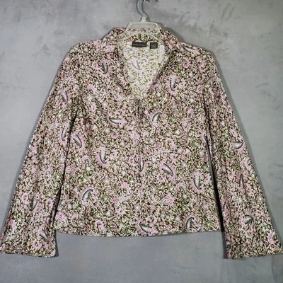 Banana Republic Blouse Womens L Olive Pink Paisley Silk Belle Sleeve Cottage - Image 1 of 4