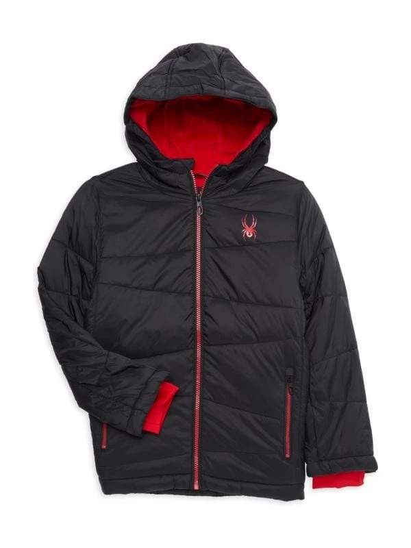 SPYDER BOY'S NEXUS LOGO HOODED PUFFER JACKET - SIZE: YOUTH L - BLACK/RED - Image 1 of 2