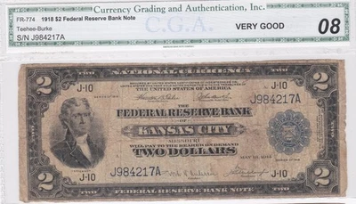 1918 (J-Kansas City) $2.00 FRBN VG8 CGA (Fr#774) - Image 1 of 2
