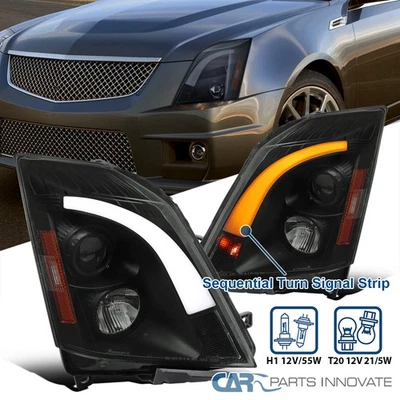 Fit 08-14 Cadillac CTS Dark Smoke Projector Headlight+LED Switchback+Sequential - Image 1 of 4