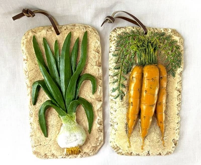 Set of 2 Vtg 3D Vegetable Wall Plaques Hanging Art Ceramic Plaster Onion Carrot - Image 1 of 4