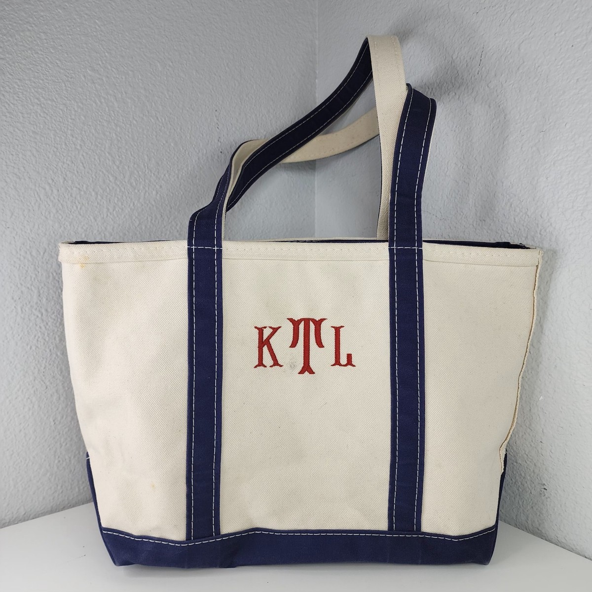 バッグ 90s LLbean Boat and tote Navy Offwhite M Vintage 90's LL Bean Navy Blue Straps Boat and Tote Bag