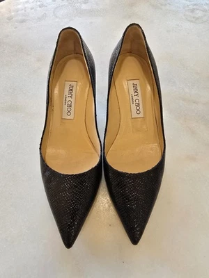 Jimmy Choo Amelia Gatito Tacones 37.5 Piel de Serpiente Zapatos Negros Foto 1 de 4