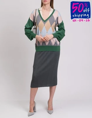 PVP €580 BALLANTYNE Jersey IT42 US6 UK10 M Mezcla de Cachemira Estampado de Diamantes Cuello en V Foto 1 de 4