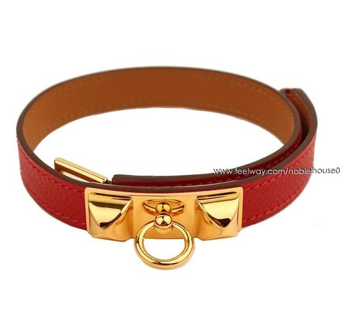 HERMÈS Bracciale Hermes Medor Rosso Epsom Doppio Cinturino Placcato Oro XST 26811769