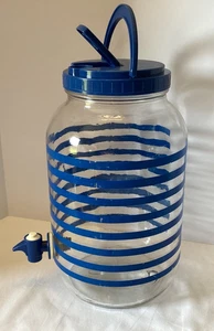 Vintage Sun Tea Jug Glass Jar with Spigot Blue Retro Stripe 1 Gallon - 4I28 - Picture 1 of 5