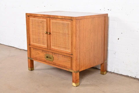 Baker Furniture Mid-Century Campaign Walnut, Cane, and Brass Nightstand, 1960s Cover