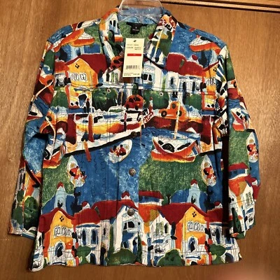 Chaqueta KAKTUS NUEVA CON ETIQUETAS Para Mujer Denim Multicolor Barcos de Ciudad Bolsillos con Botones Talla M Foto 1 de 4