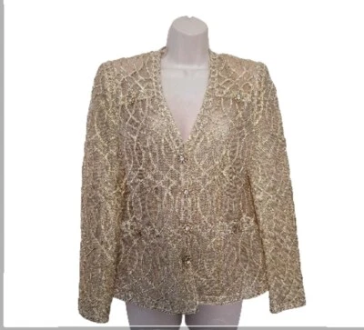 Farinae Size 6 Fancy Womens Beaded Gold Jacket Long Sleeve Shoulder Pads Vintage - Image 1 of 4