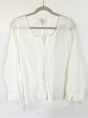 Nuevo JOIE L Top Algodón Crepé Blanco Manga Larga Ligero Blusa Botón Pestaña Enrollable Foto 1 de 4