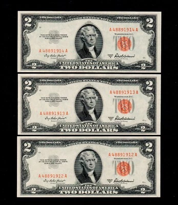 3Pcs $2 1953-A United States Note Red Seal GEM UNC X 3 Sequentially Numbered H75 - Image 1 of 2
