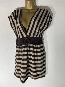 womens New Look Uk 16 Brown/gold Stripe Cap Sleeve V Neck Stretch Shirt blouse - Picture 1 of 6