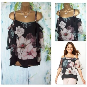 LADIES ROMAN TOP SIZE 18, Black Floral Cold Shoulder Overlay chiffon Top - Picture 1 of 12