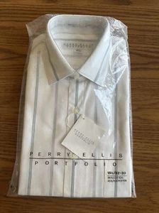 NWT! Perry Ellis Portfolio ButtonShirt Men 15 1/2 32x33 Teal Grey Stripe Point - Picture 1 of 8
