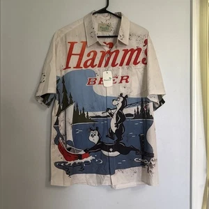 Camicia con bottoni hawaiani gemelli birra Royaura Hamms nuova con etichetta taglia L - Foto 1 di 3