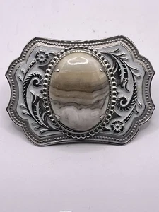 Vintage Western Gürtelschnalle silberfarben graviert Achat Stein oval Cowboy - Bild 1 von 6