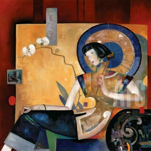 35W"x35H" ORCHID & PARASOL by JU-HONG CHEN - ASIAN LADY WOMAN CHOICES of CANVAS - Picture 1 of 9