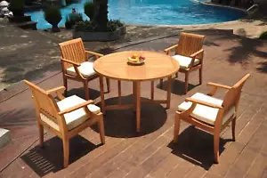 5-Piece Outdoor Teak Dining Set: 48" Butterfly Round Table, 4 Arm Chairs Lagos - Picture 1 of 7