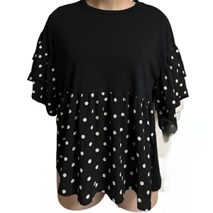 COTTON BLEU Black Polka Dot Pullover Top Women Large Ruffle Sleeve Boho Casual ` - Picture 1 of 11