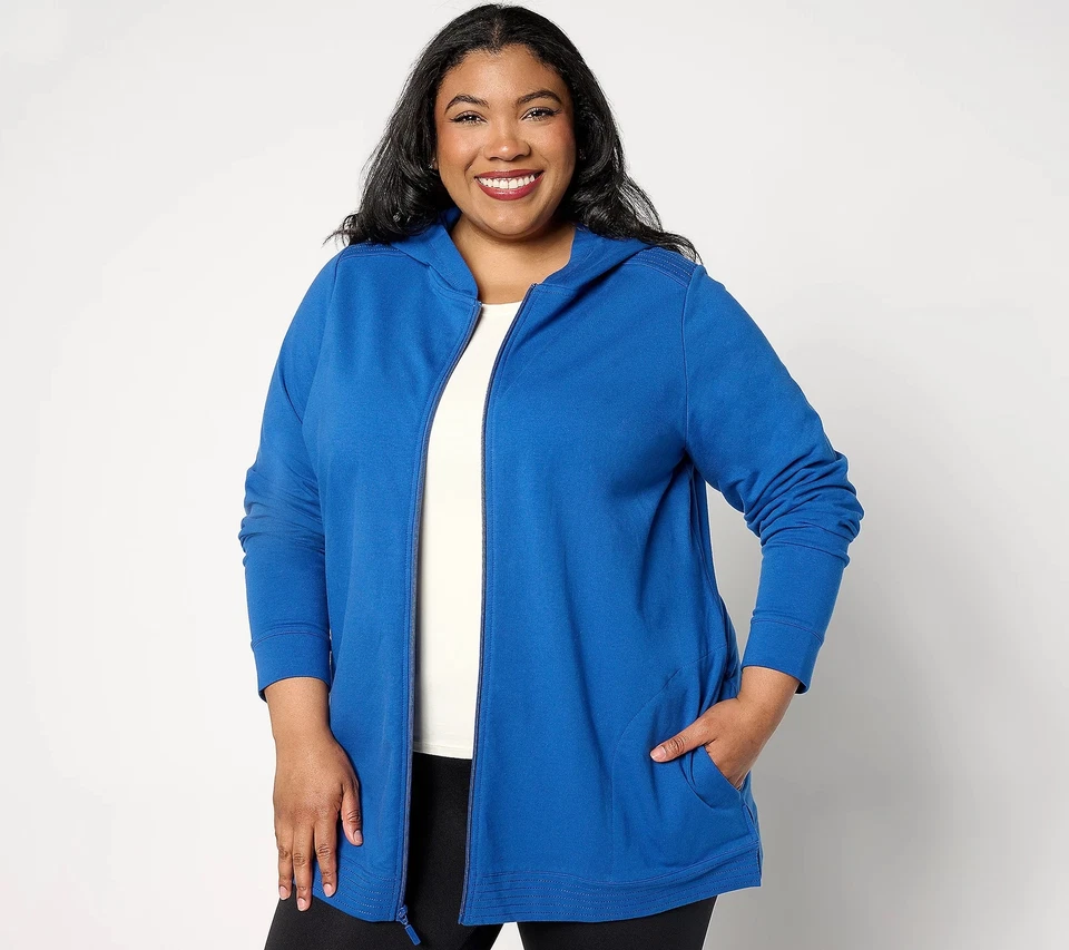 Denim & Co. Active Sz XS French Terry Hooded Tunic Jacket BRIGHT INDIGO A652645 - Image 1 of 1