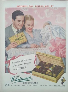 1949 anuncio impreso de chocolates de colección Whitman's Día de la Madre con recién nacido - Imagen 1 de 1