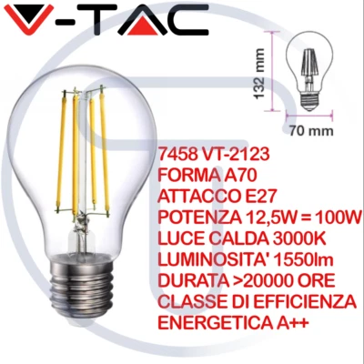 V-TAC VT-2123 7458 Lampadina LED E27 12,5W A70 Vetro Sfera Bianco Caldo 3000K - Immagine 1 di 4