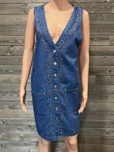 Premier International Overall Dress 1X Blue Denim VNeck Embroidered Midi Cottage - Picture 1 of 10