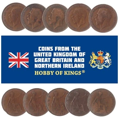 LOT OF 10 GREAT BRITAIN UNITED KINGDOM 1 PENNY COINS, KING GEORGE V 1911 - 1936 - Image 1 of 3