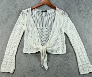 Mingle Womens Large White Crochet Top Boho Long Sleeve Shirt Hollow Out Cardigan - Picture 1 of 20