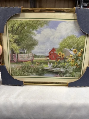 Country Farm Scene Print Red Barn Sunflowers Ducks Framed Art - Image 1 of 4