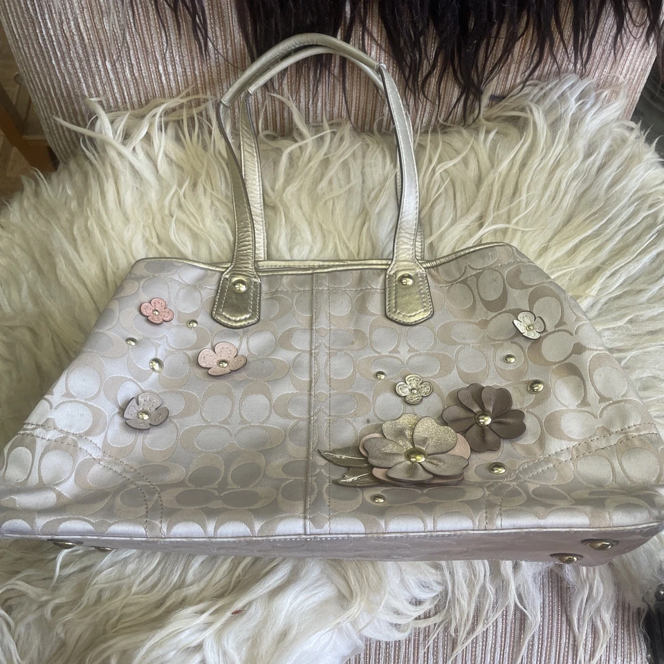 Vintage Coach Monogram Floral Appliqué Khaki Shopper Tote Bag Purse  - Image 1 of 4