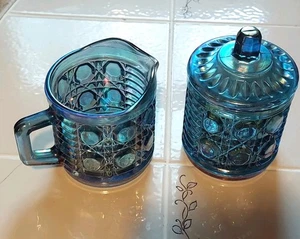 Vintage Indiana Glass Blue Iridescent Carnival Windsor Cream Sugar Set w Lid - Picture 1 of 6