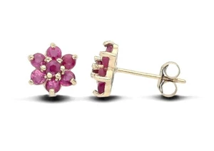 9ct Gold Ruby Cluster Stud Ladies Earrings - - Picture 1 of 6
