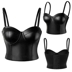 Women Sexy Leather Corset Top Crop Bustier Gothic Bra Push Up Bodice Lingerie - Picture 1 of 13