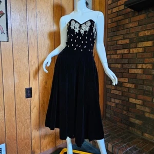 Vtg 40s New Look Velvet Rhinestone Strapless Evening Formal Prom Dress Gown S - Picture 1 of 9