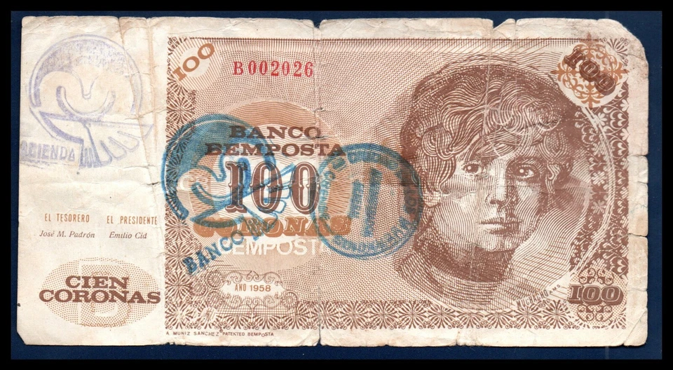 Bemposta ( Portugal ) VG Note 100 Coronas 1958 (Rare) Very Good "Private Issue"  - Image 1 of 2