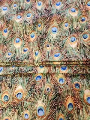 PENAS DE PAVÃO acolchoadas fàbric 7 jardas, AZUL, VERDE, PENAS METÁLICAS DOURADAS   - Imagem 1 de 2