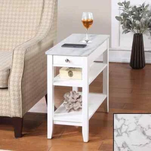 American Heritage White Faux Marble End Table with Drawer and Shelves - Picture 1 of 5