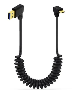 USB A 3.0 to USB C Coiled Extension Cable | Right Angle Male to Up/Down Male - Picture 1 of 3