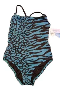 Beach Betty 1-teiliger Badeanzug Größe M blaugrün schwarz Tierdruck Crossback offener Rücken - Bild 1 von 11