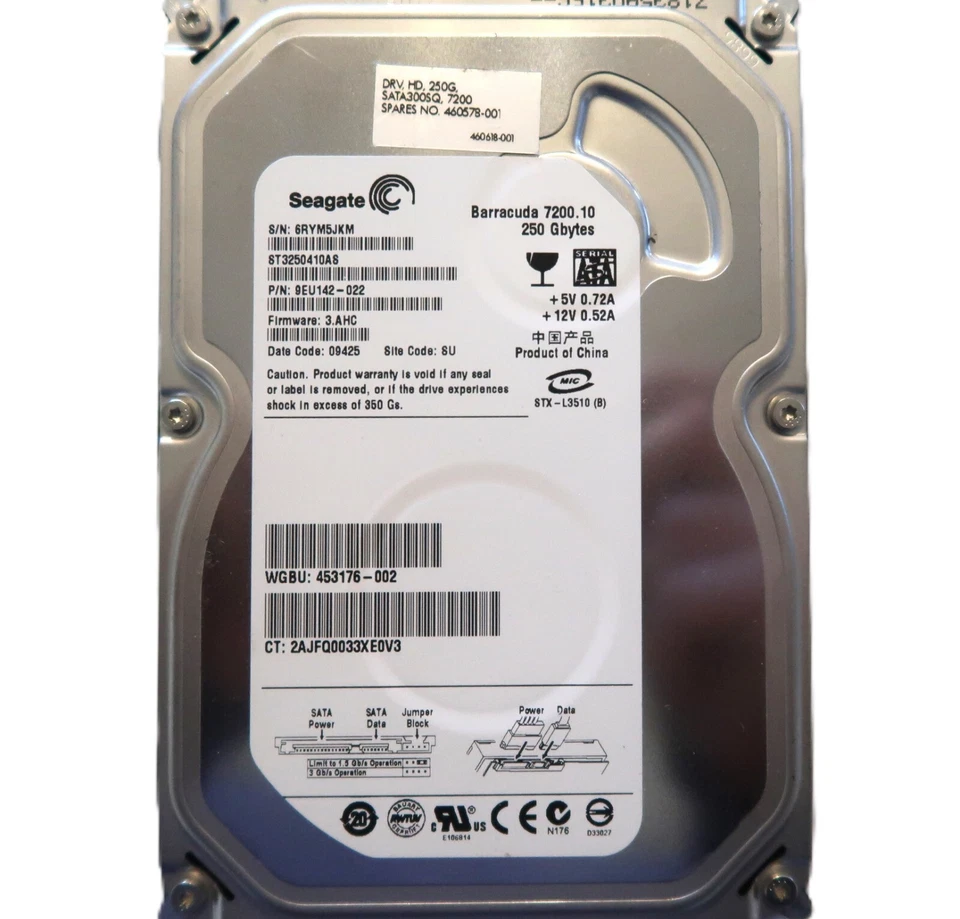 Seagate ST3250410AS 9EU142-022 FW:3.AHC (6RY) SU China 250gb 3.5" Sata APR/2009 - Image 1 of 1